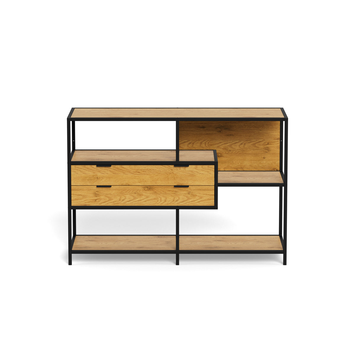 Lavt reol Skeleto 114x78 Vild eg – forfra-billede af de asymmetriske hylder og modulet med skuffer