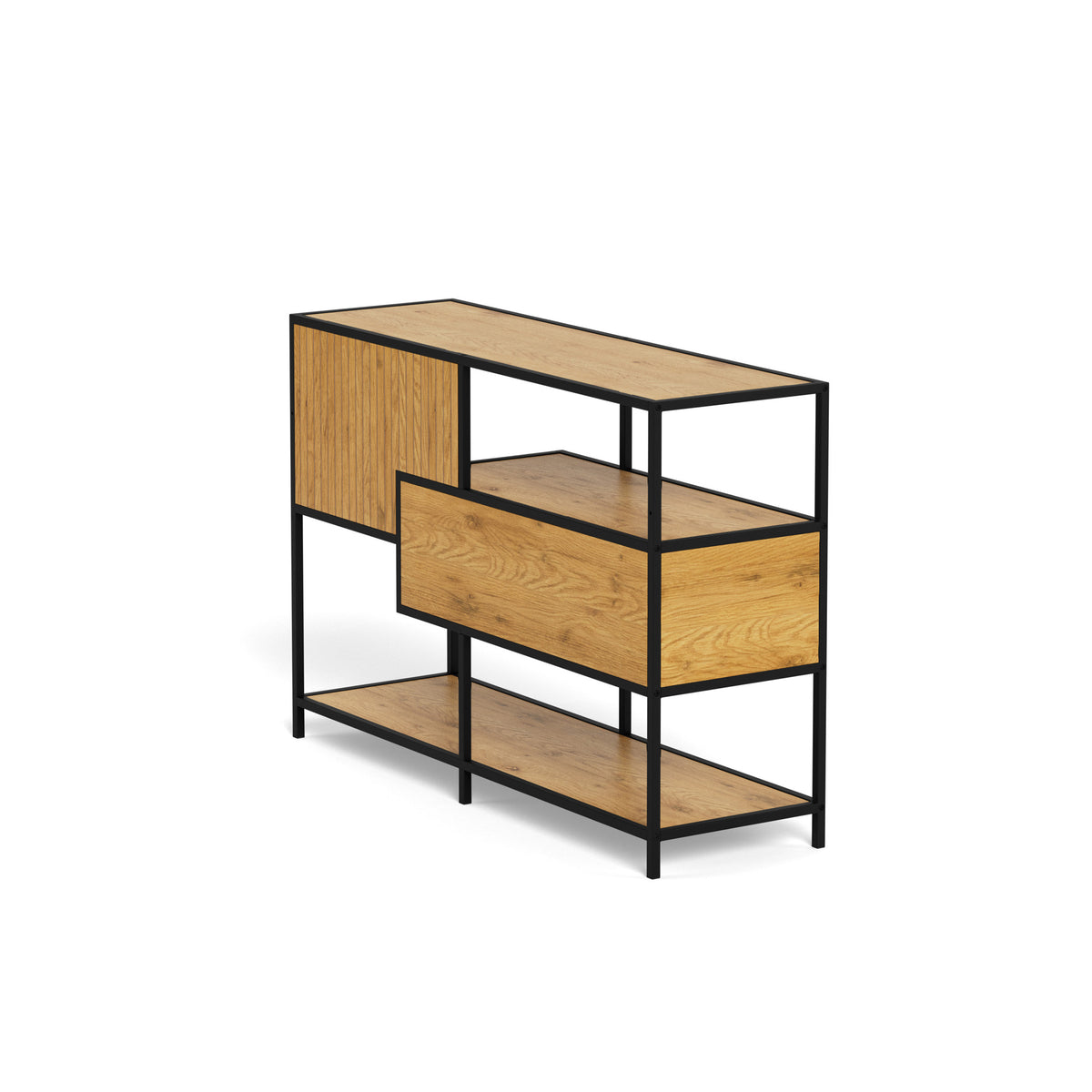 Lavt reol Skeleto 114x78 Vild eg – bagfra set i vinkel, fritstående reol til stuen