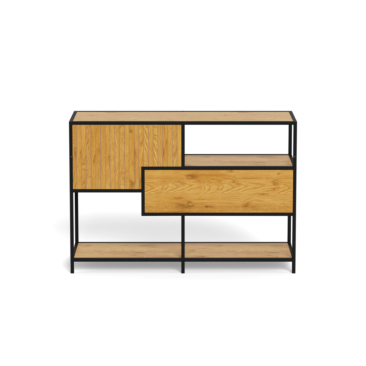 Lavt reol Skeleto 114x78 Vild eg – bagfra set med bagpanel og skuffemodul