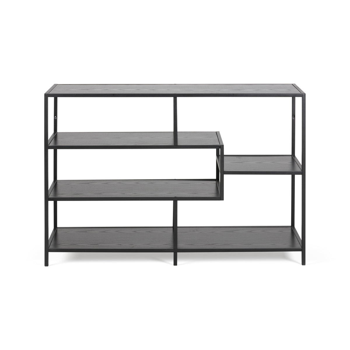 Skeleto-reol 114x78, sort melamin, set forfra – hylder i sort ask på sort ramme