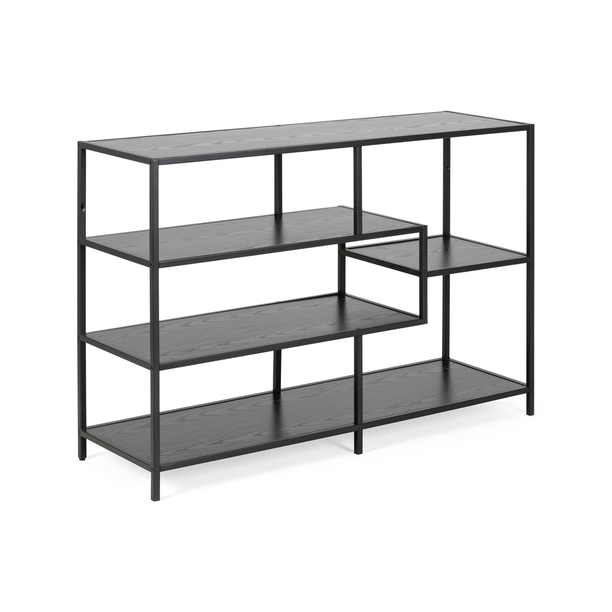 Skeleto-reol 114x78, sort melamin, set fra siden – sort reol med asymmetriske hylder i industriel stil