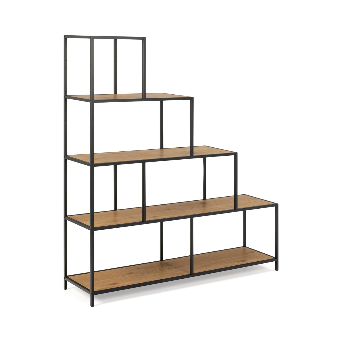 Skeleto-reol 135x150, vild eg, set fra siden – trappetrinsformet reol med hylder i eg-look på sort ramme