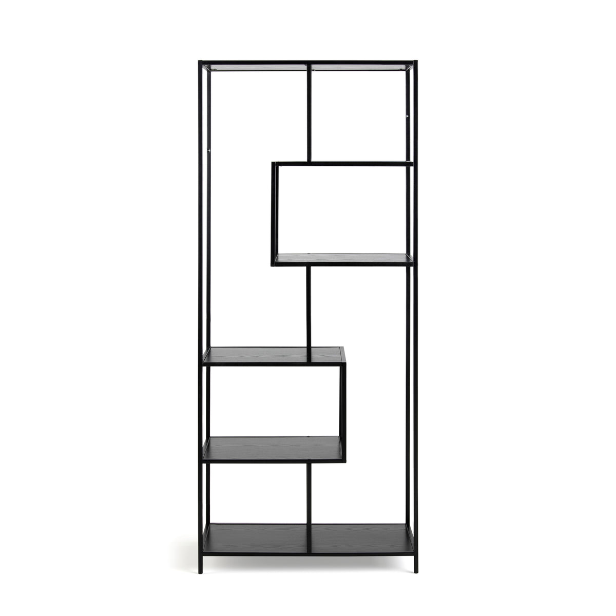Skeleto-reol 77x185, sort melamin, set forfra – hylder i sort ask