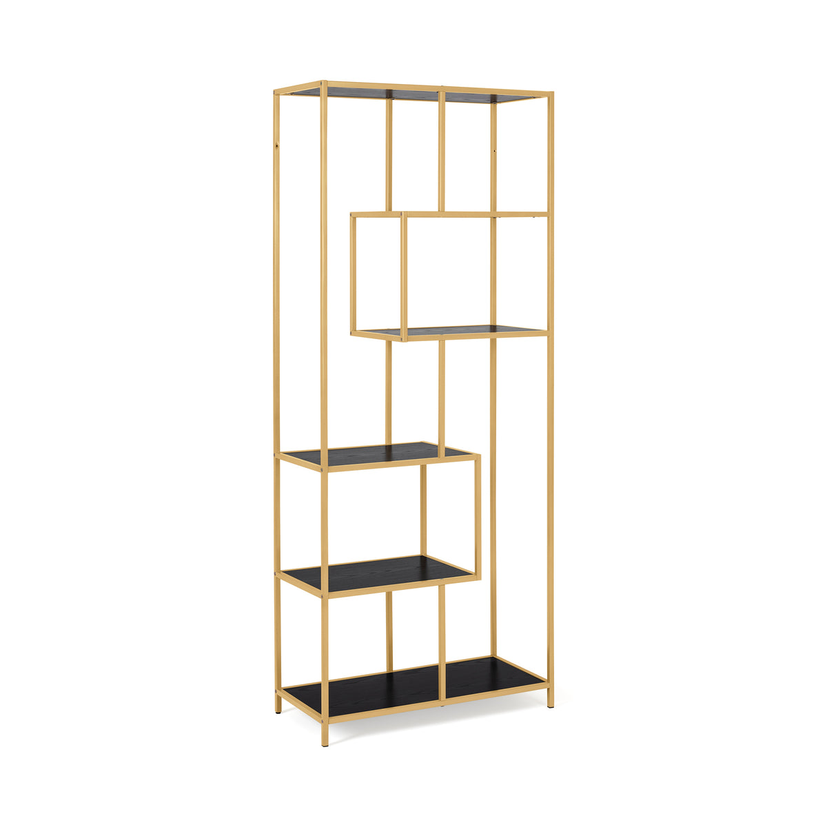 Skeleto-reol 77x185, sort melamin (gylden ramme), set fra siden – reol med gylden ramme og sorte hylder