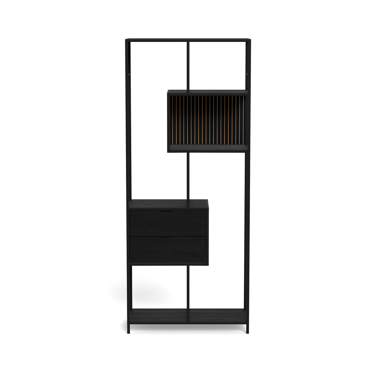 Skeleto-reol 77x185, sort melamin – forfra, sort reol med skuffer i loftstil