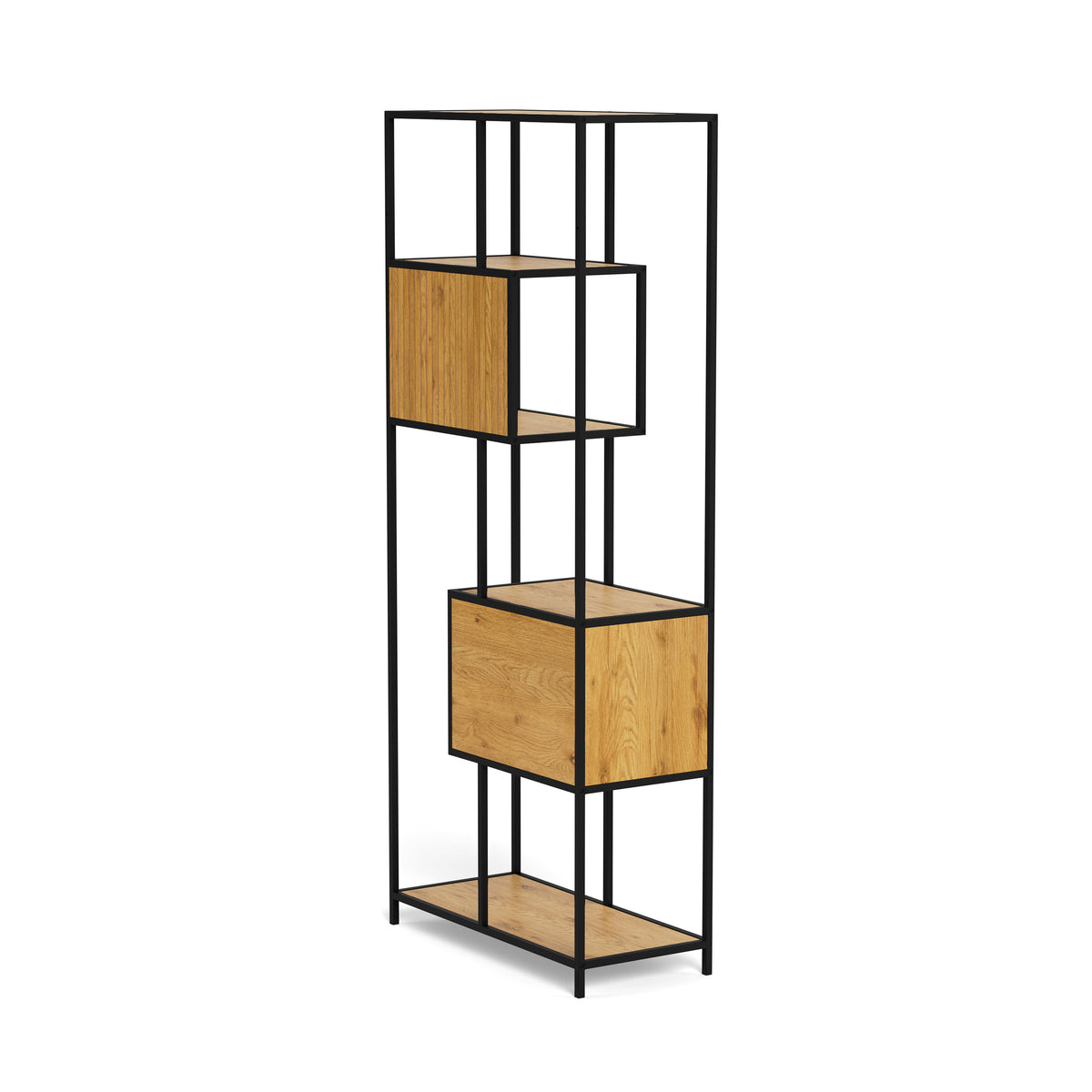 Skeleto-reol 77x185 vild eg – bagfra set i vinkel, reol til stuen med stålramme