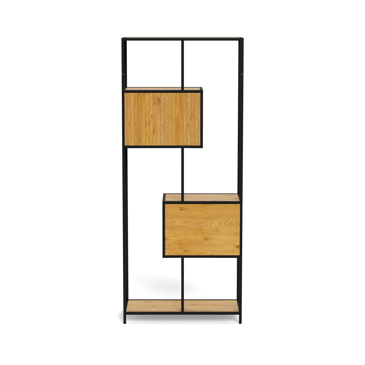 Skeleto-reol 77x185, vild eg – bagfra set på panelerne i nichen og skuffemodulet