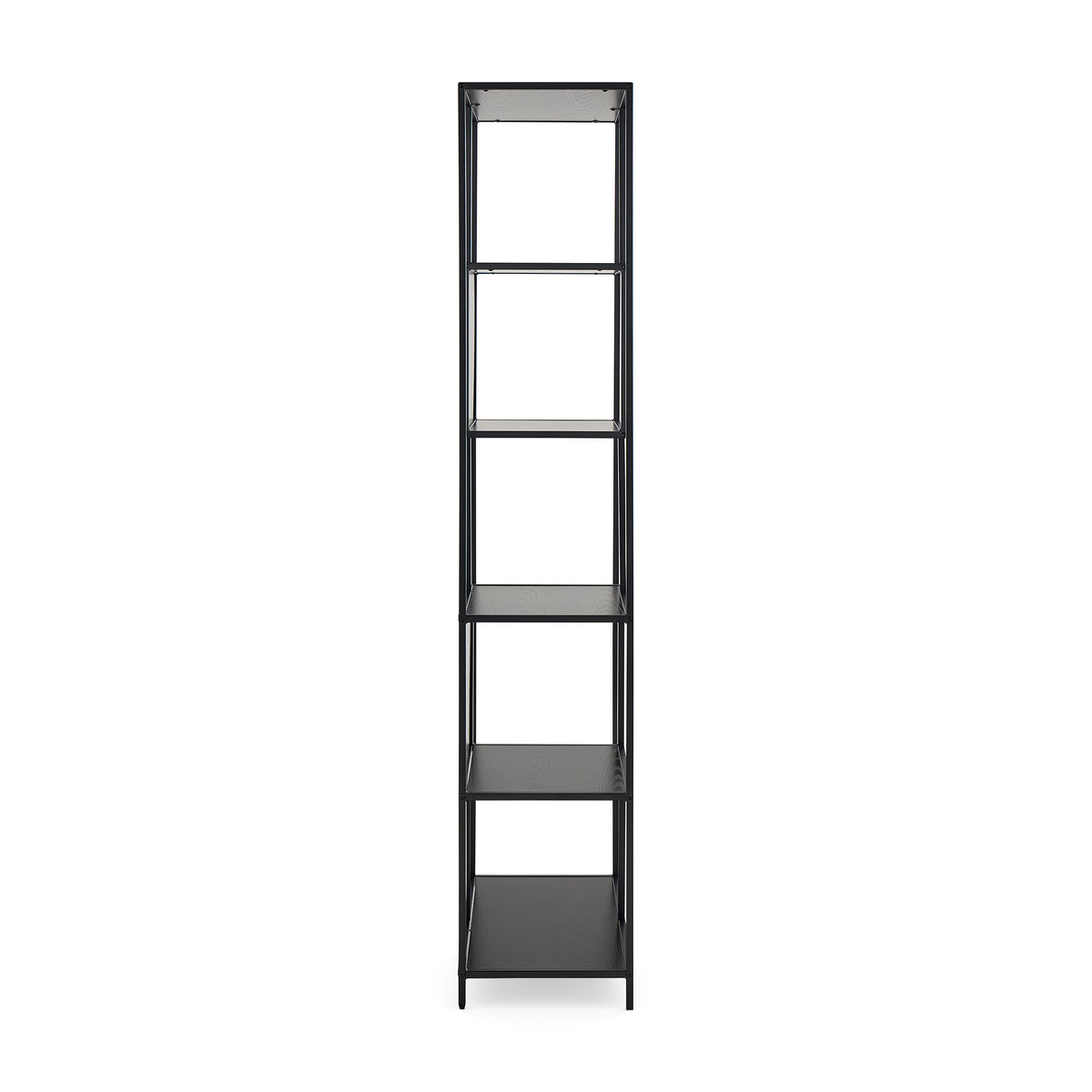 Skeleto-reol 77x185, sort melamin – set fra siden, slankt profil på 35 cm og stålben