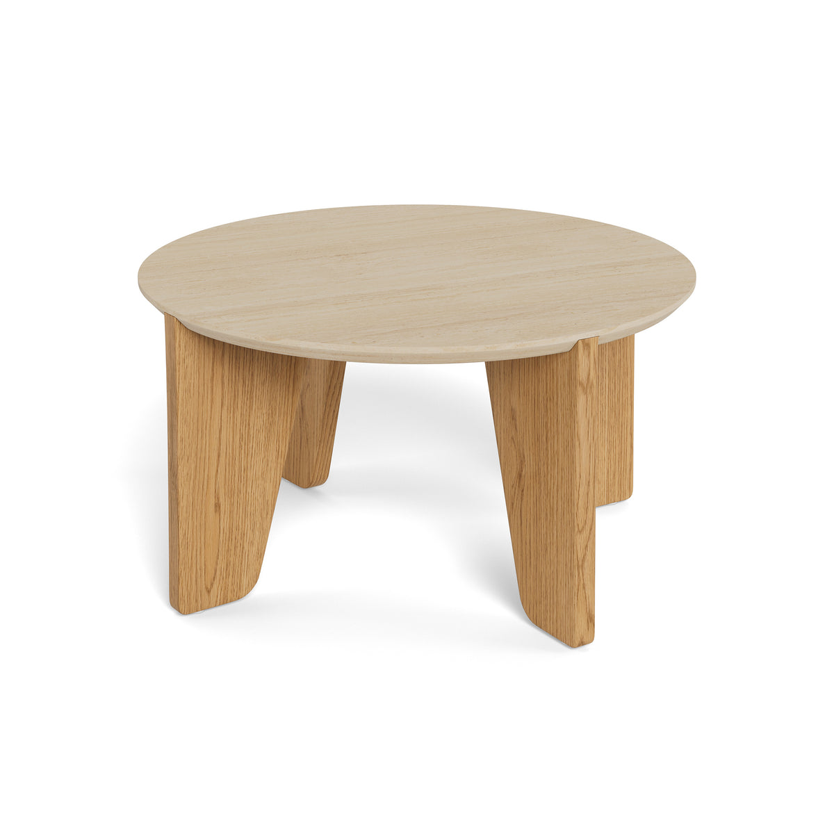 Tendra sofabord Ø80x45 med bordplade i travertin-look og ben i eg-farve – sofabord til stuen, set fra siden