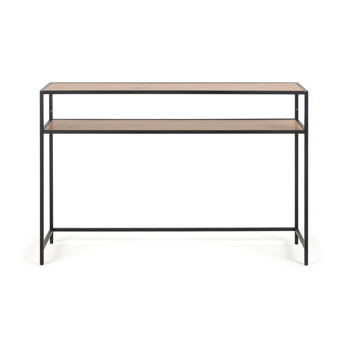 Skeleto-konsolbord 120x79, vild eg, set forfra – hylde under bordpladen og nederste tværstang