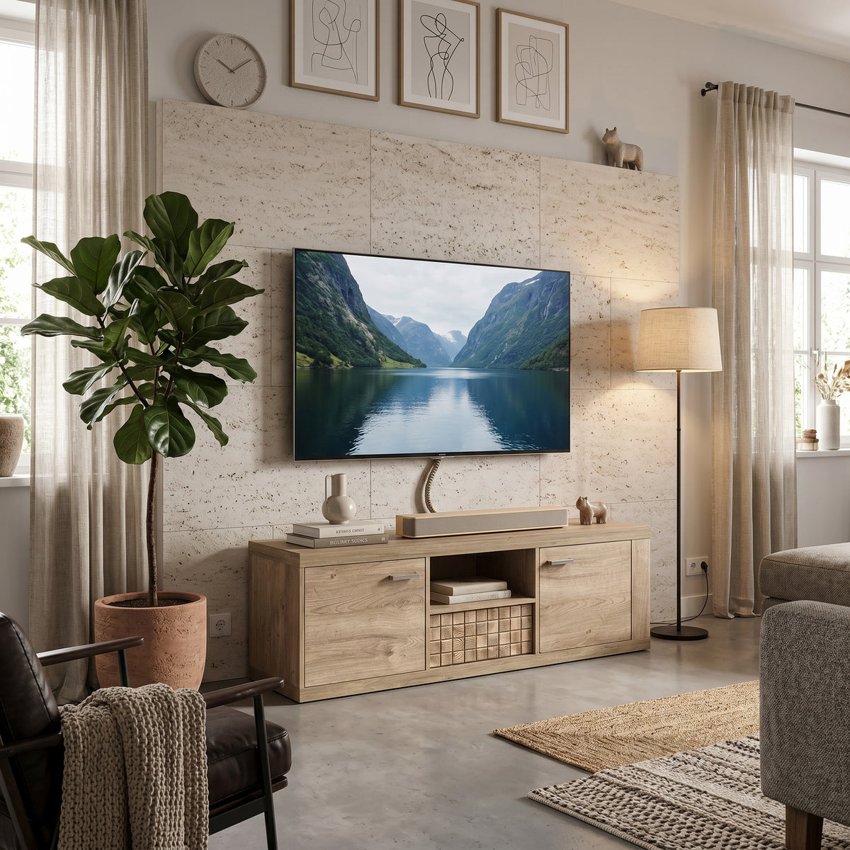 Korin TV-bord 151x51 under tv'et ved en travertinvæg, med soundbar – et TV-bord i boho-stil