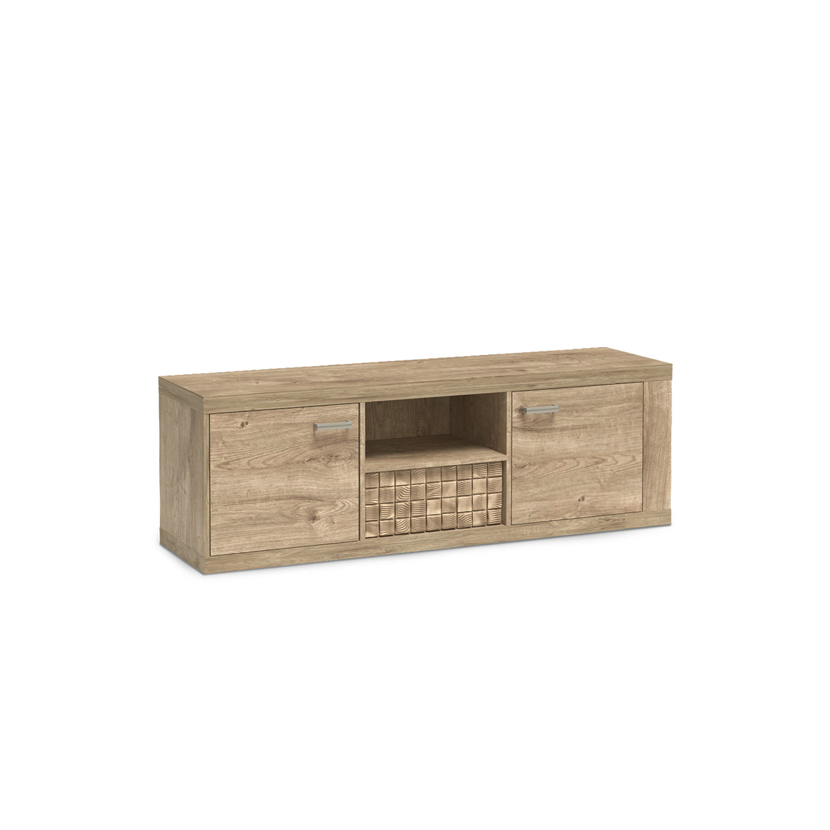 Korin TV-bord 151x51 i eg – TV-bord med to døre, en hylde og en skuffe, set fra siden