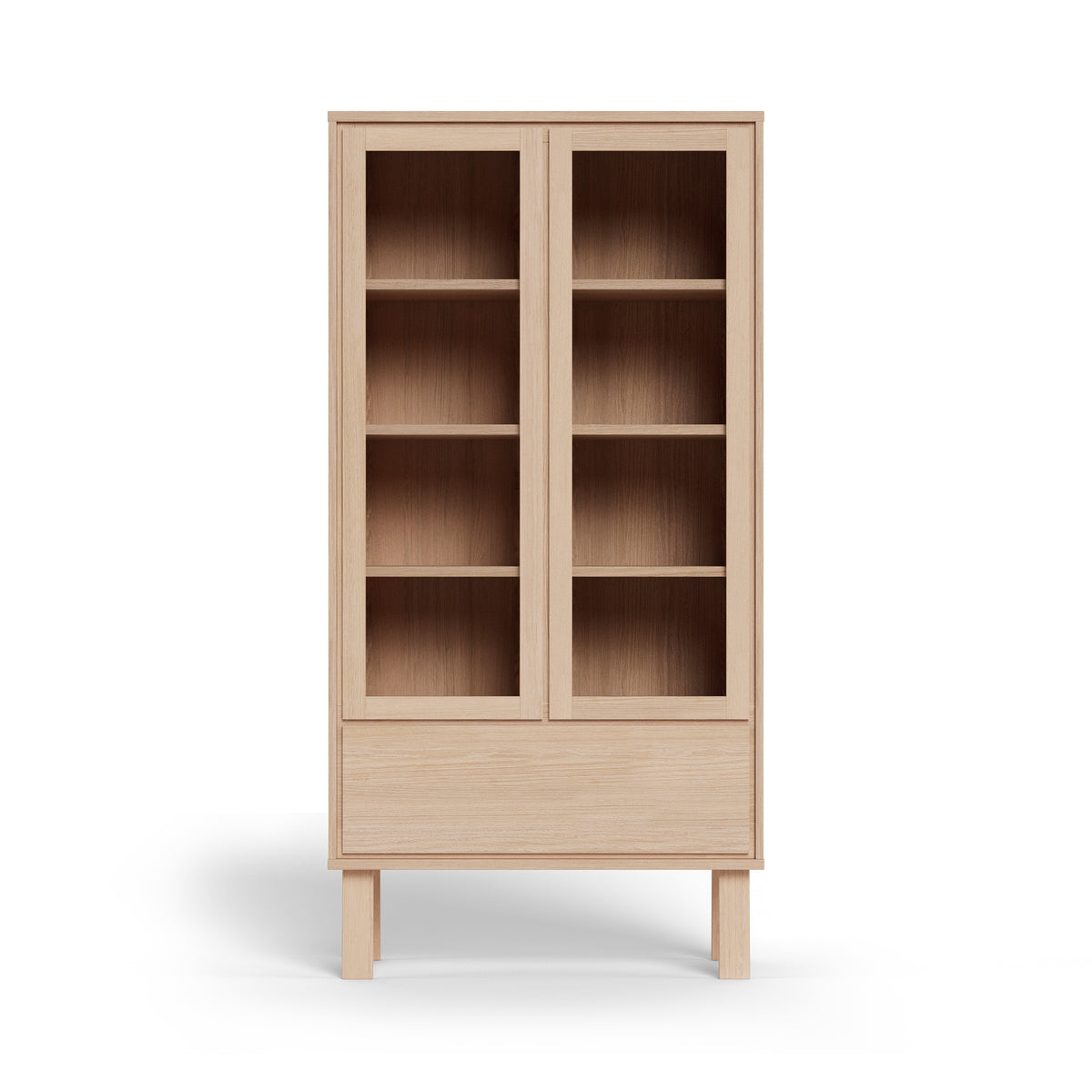 Lurisse-vitrineskab 90x180, set forfra – hylder bag push-to-open-glaslåger og en skuffe nederst