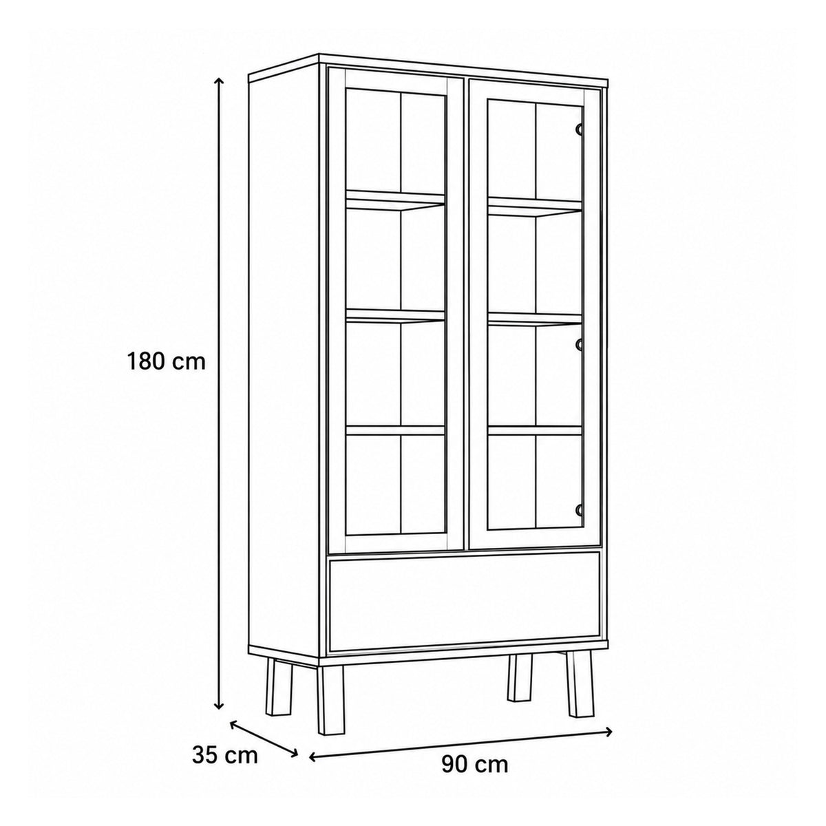 Lurisse-vitrineskab med glaslåger, 90x35x180 – måltegning med bredde, dybde og højde