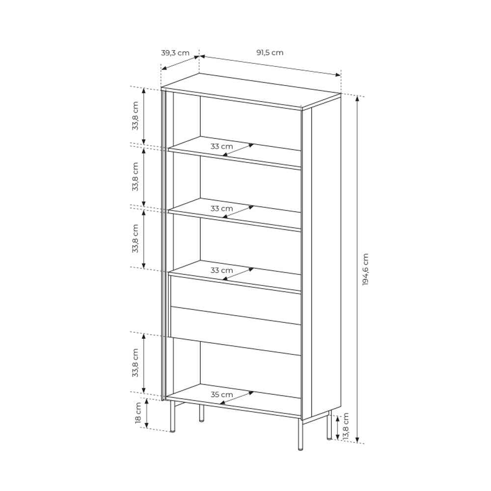 Lummer-vitrineskab med glasfront, 91 x 195 cm, i moderne stil – tegning med mål