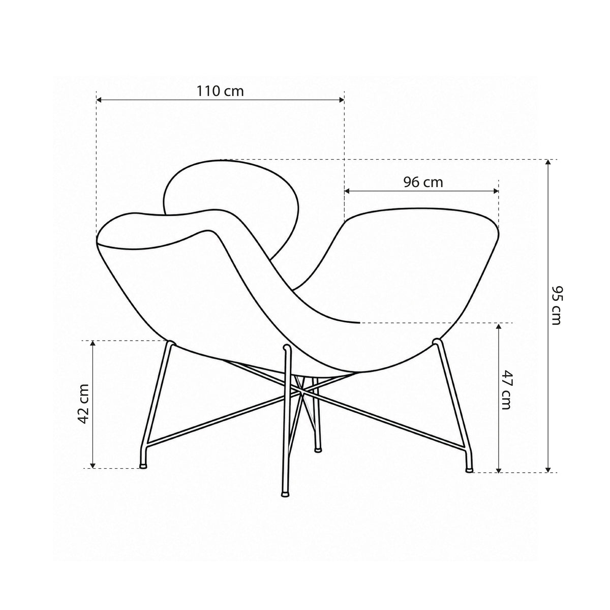 Lampardo-lænestol i »sommerfugl«-design i glamour-stil – tegning med mål