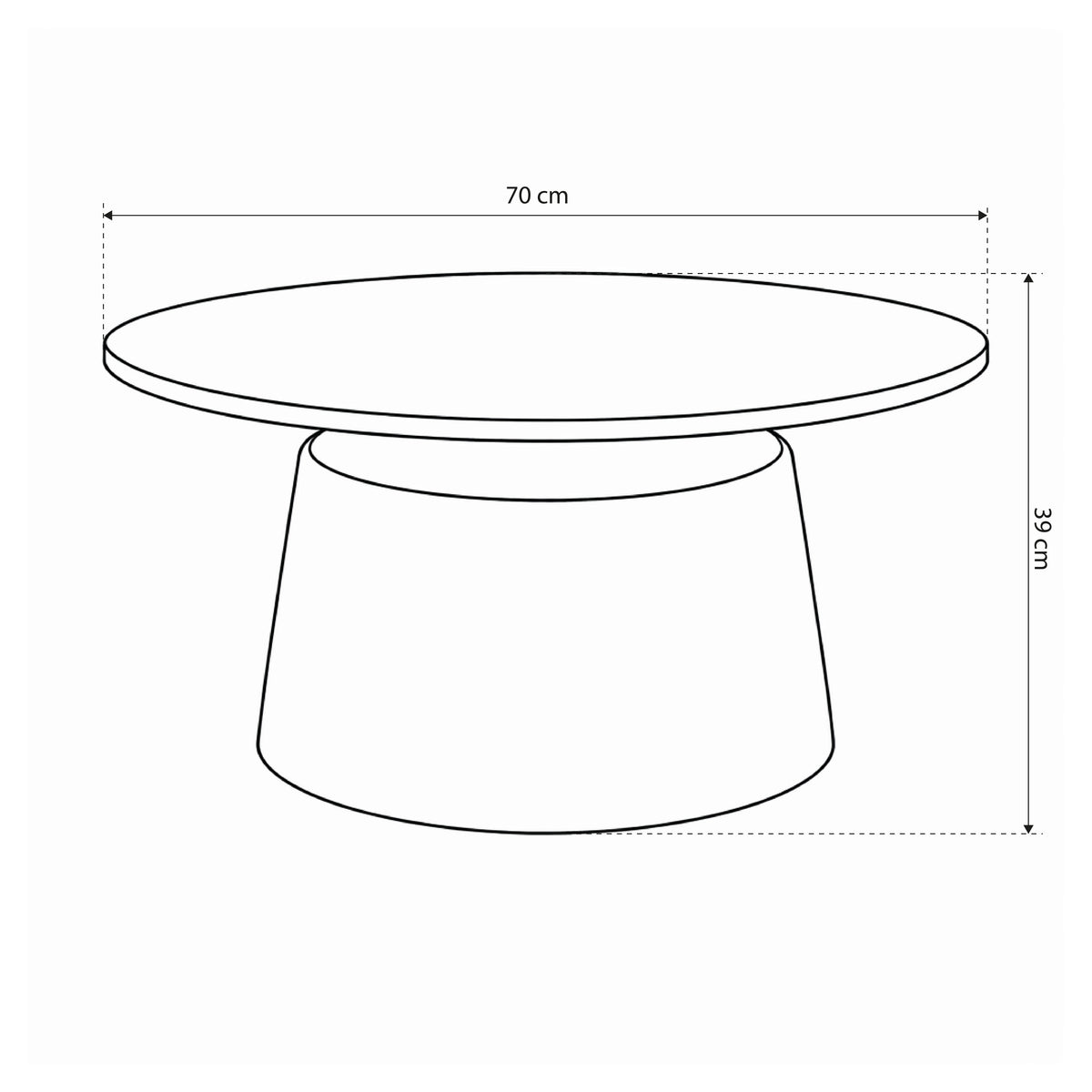 Fumor, et rundt sofabord med en diameter på 70 cm i moderne stil – tegning med mål
