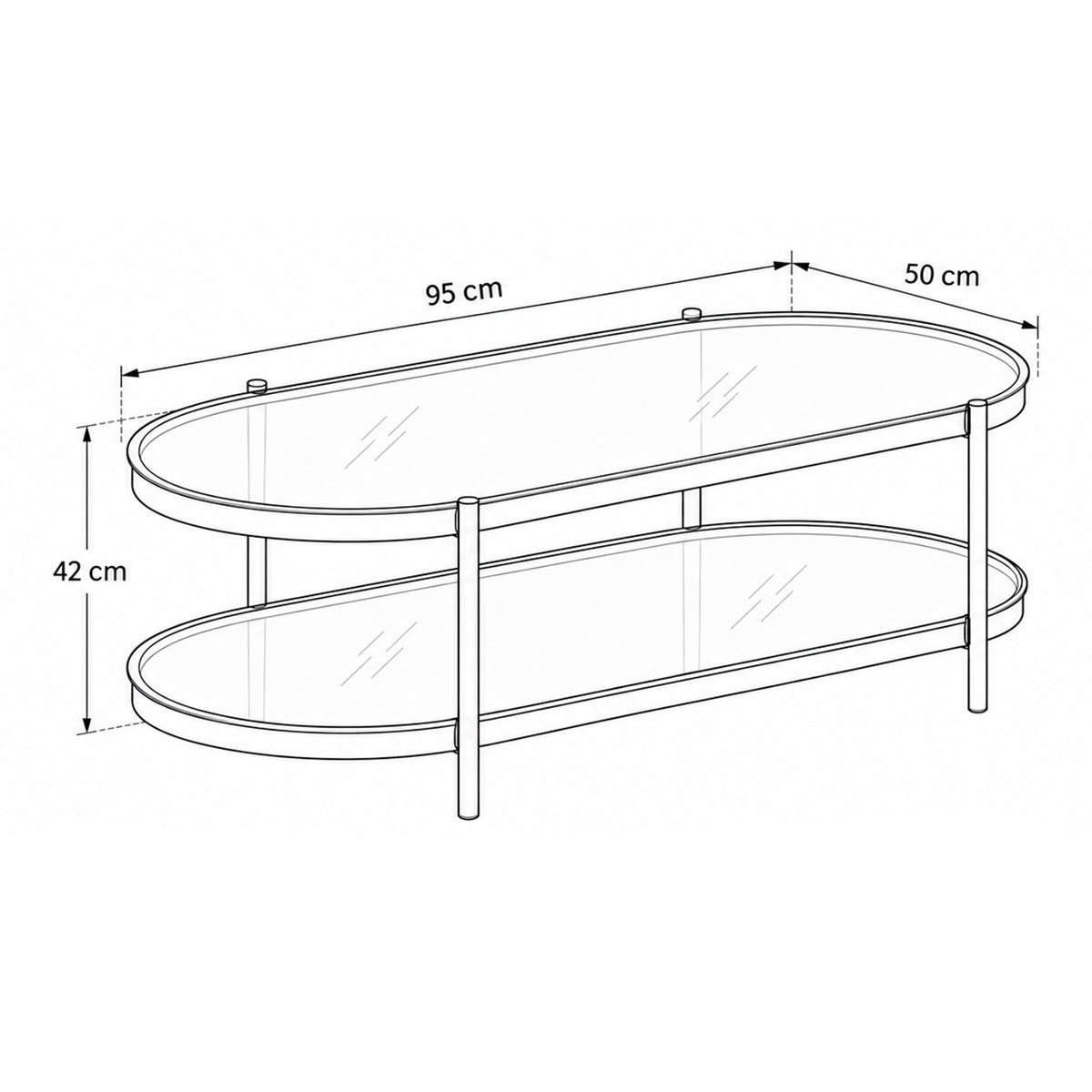 Moren ovalt sofabord med røget glas i moderne stil – tegning med mål
