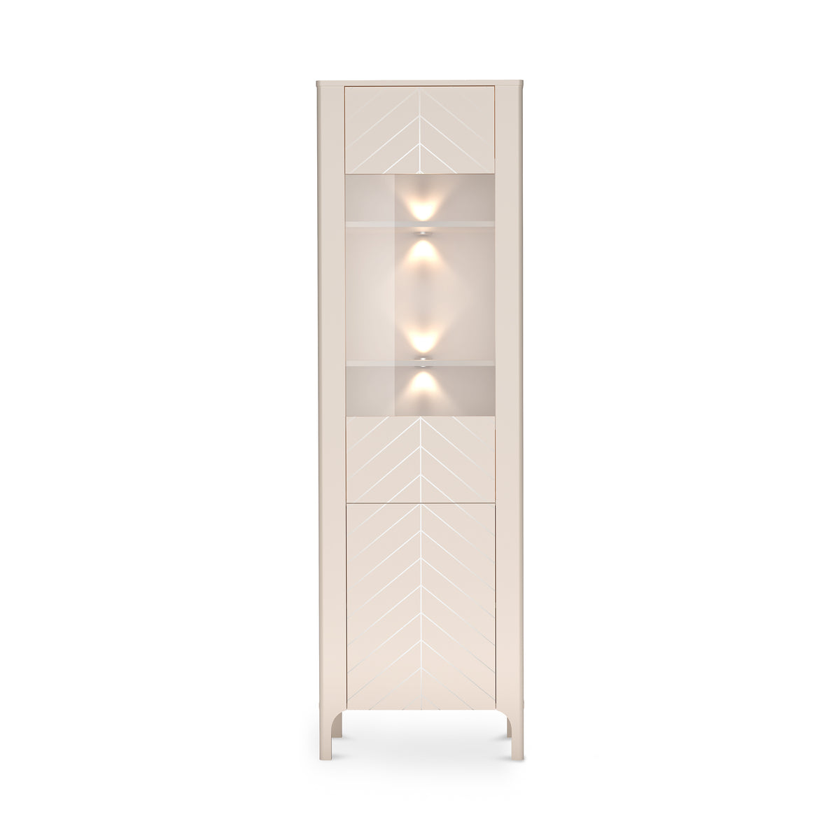 Højt vitrineskab EKLIPSO 60x197 med glaspartier i moderne stil, farven Kashmir – set forfra med LED-belysning | Pillovely