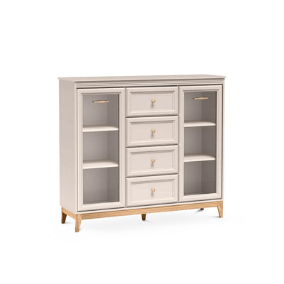 Serena-vitrineskab til stuen, 142x126, med glaspartier og skuffer i modern classic-stil – set fra siden | Pillovely