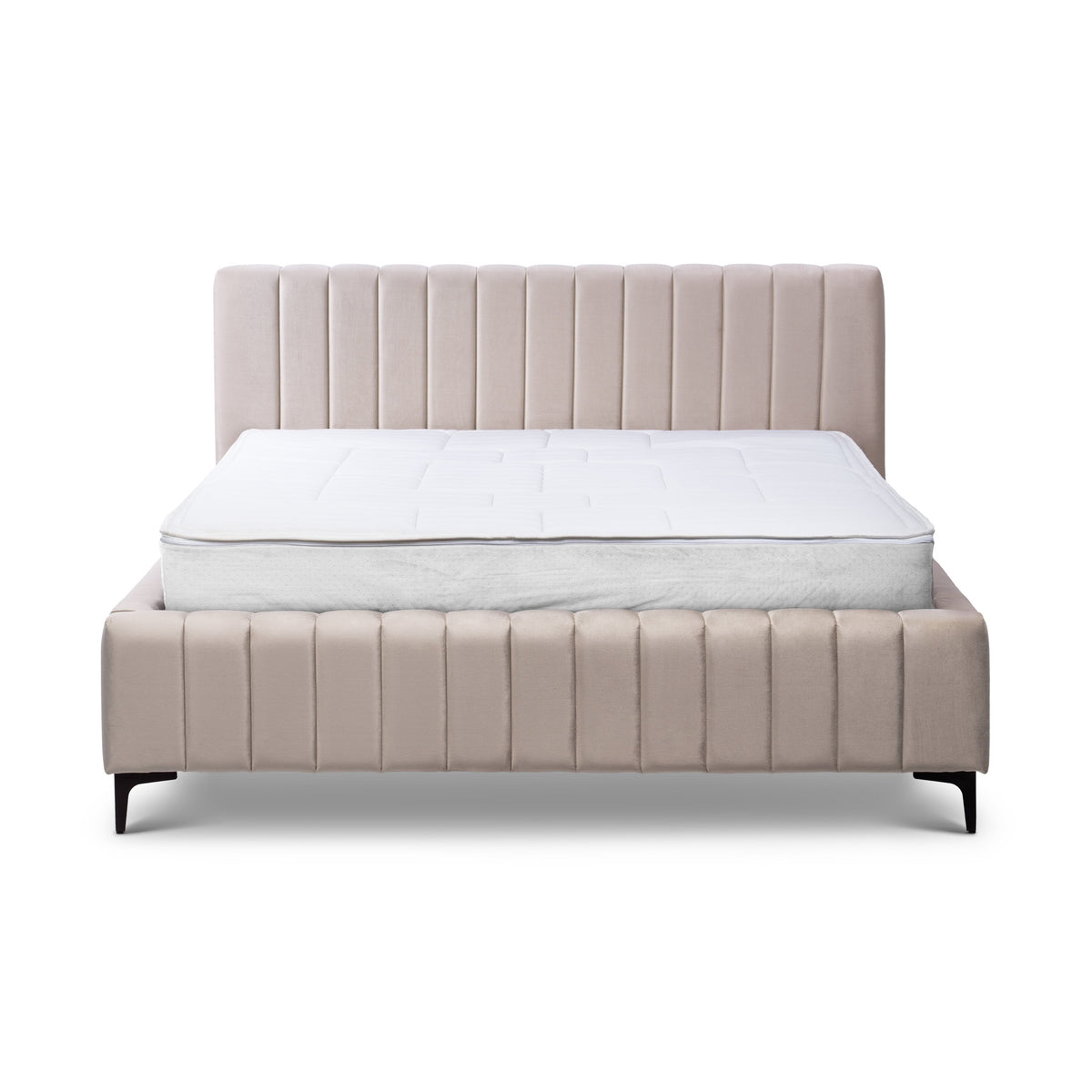 Drevy-polstret seng med opbevaringsrum i moderne stil – set forfra