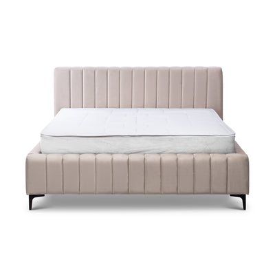 Drevy-polstret seng med opbevaringsrum i moderne stil – set forfra