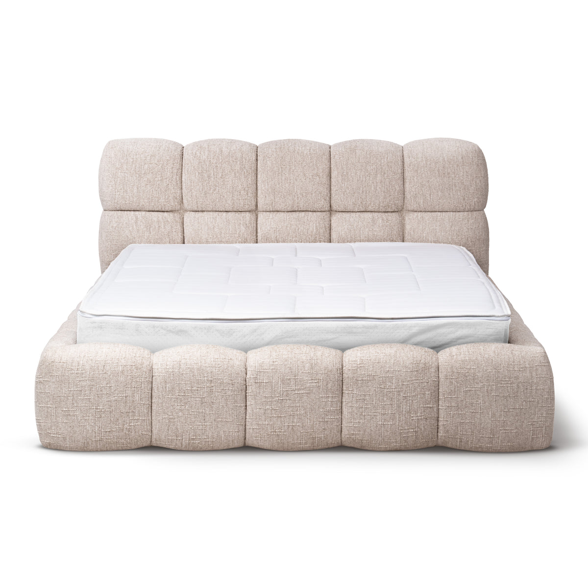 Mevy-polstringsseng med opbevaringsrum i minimalistisk stil – set forfra