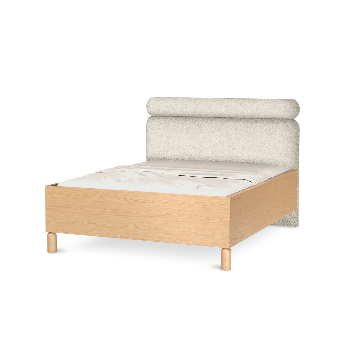 Fjord-polstret seng 140/160 x 200 med opbevaringsrum i skandinavisk stil – set fra en vinkel | Pillovely