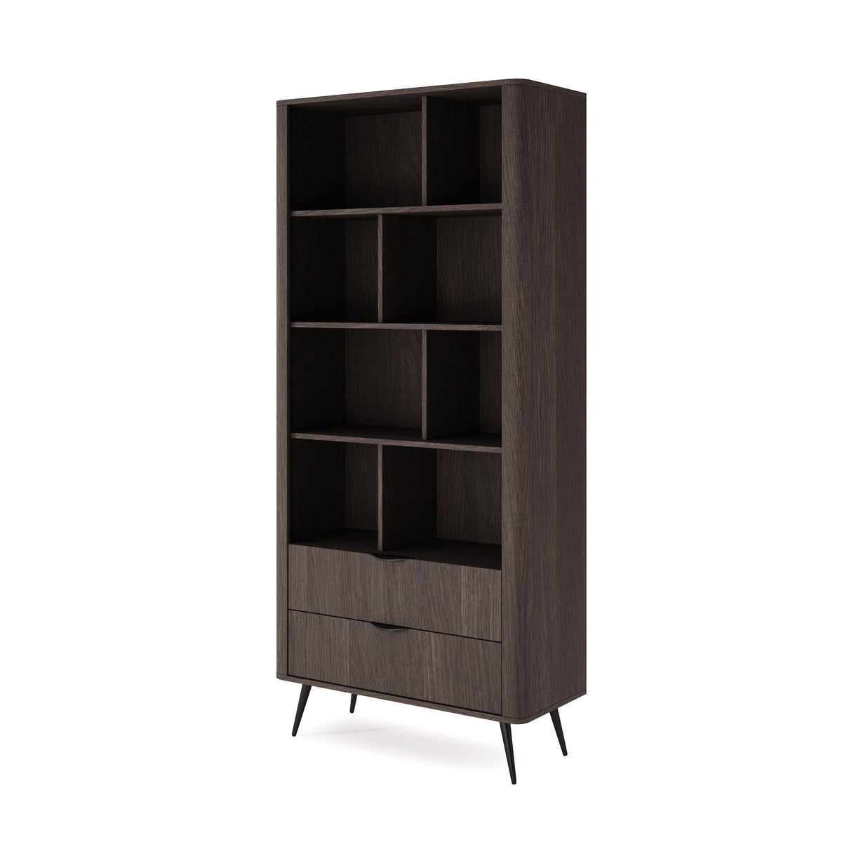Velia-reol 88x194 med åbne hylder og skuffer i soft loft-stil – set fra siden | Pillovely