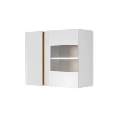 Armelia-vitrineskab til stuen, hængende, med glas, 97 x 83 cm, i minimalistisk stil – set fra en vinkel | Pillovely