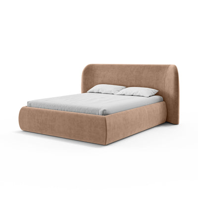 Frasspo-polstret seng i størrelserne 140x200, 160x200 og 180x200 med opbevaringsrum i modern soft-stil – set fra en vinkel | Pillovely