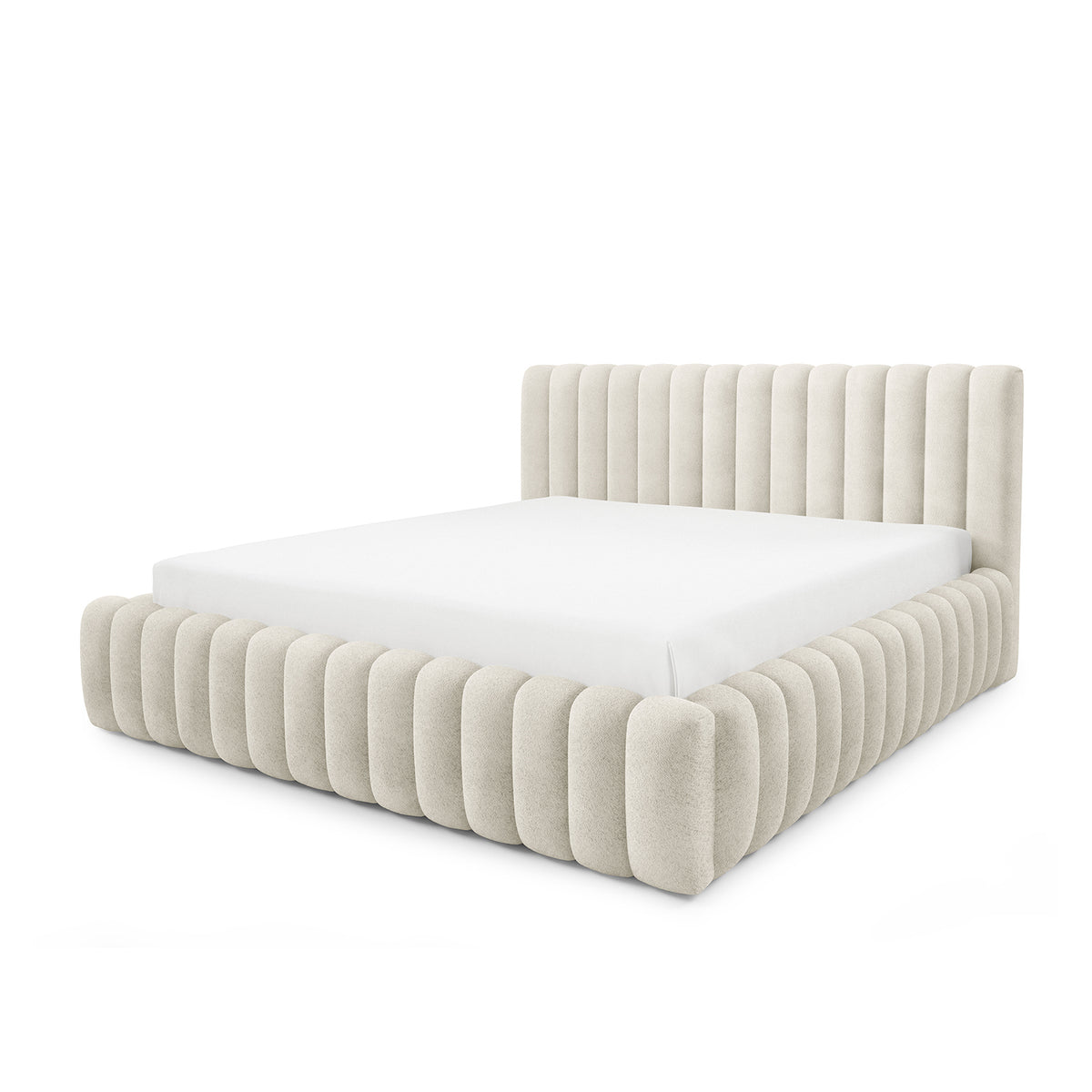 Pastel-polstret seng med opbevaringsrum i modern soft-stil, Coral-stof – set fra siden