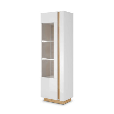Armelia-vitrineskab til stuen, med glasfront, 60 x 194 cm, i moderne stil – set fra siden | Pillovely