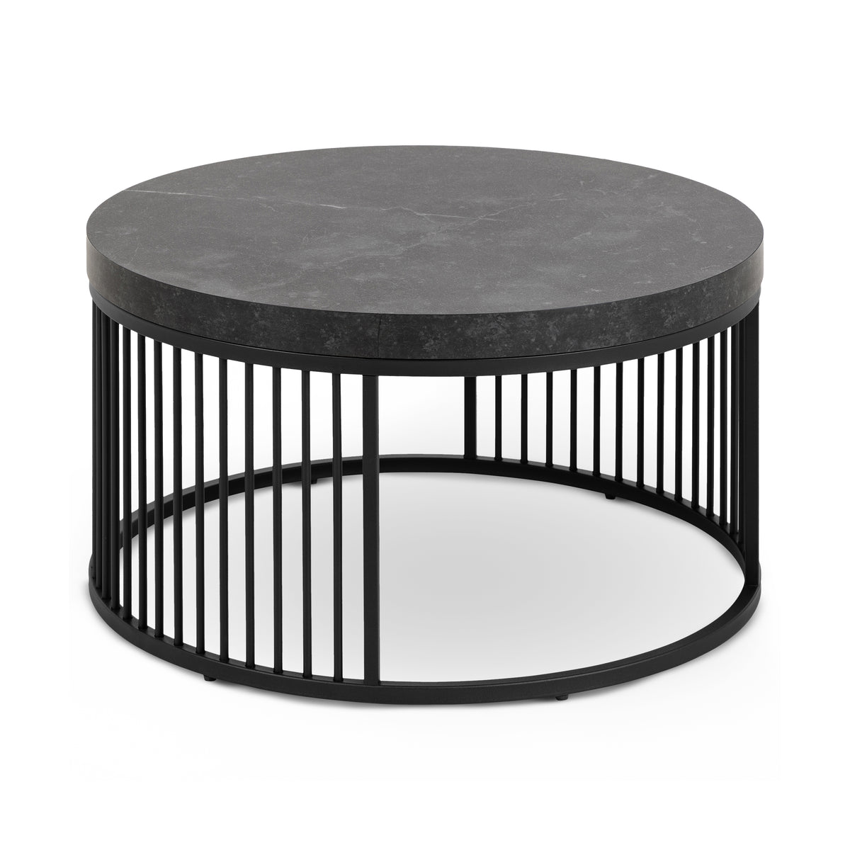 Cella-sofabord til stuen, rundt med sort marmor-look i moderne stil – set fra siden | Pillovely