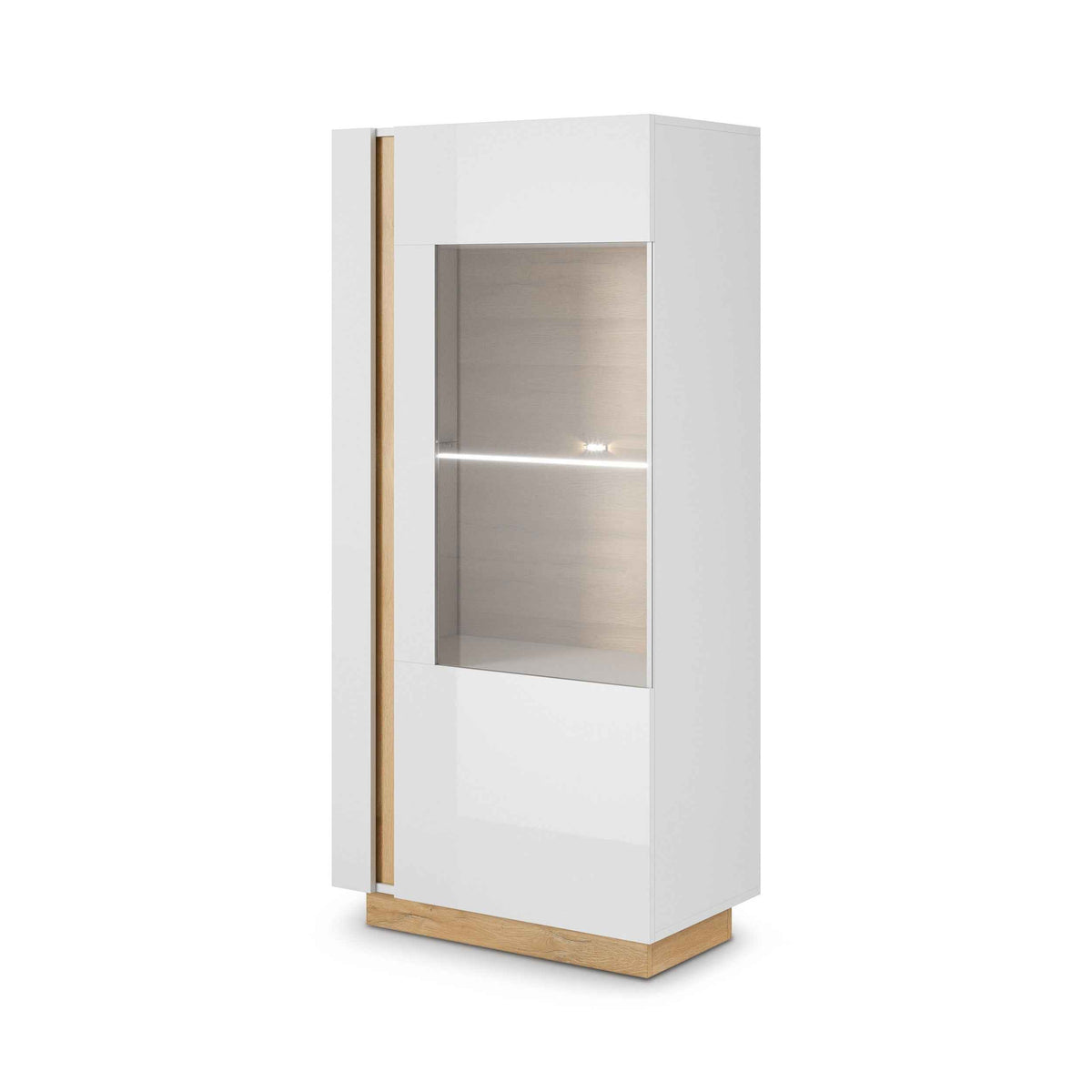 Armelia-vitrineskab til stuen, med glasfront, 72 x 154 cm, i moderne stil – set fra en vinkel | Pillovely