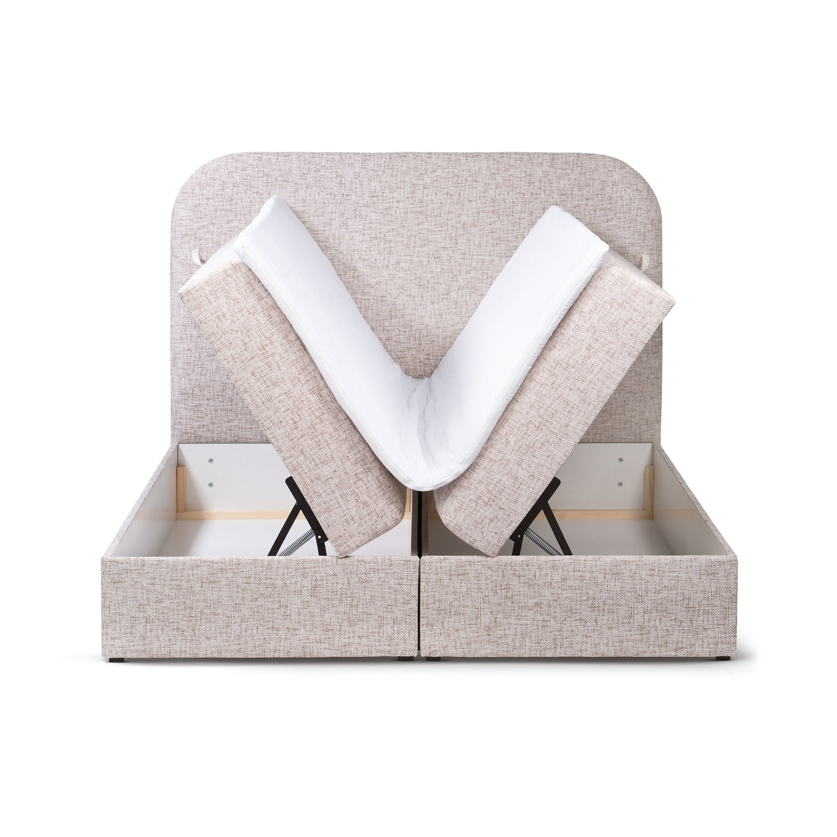 Gory-kontinentalseng med opbevaringsrum i minimalistisk stil – set forfra