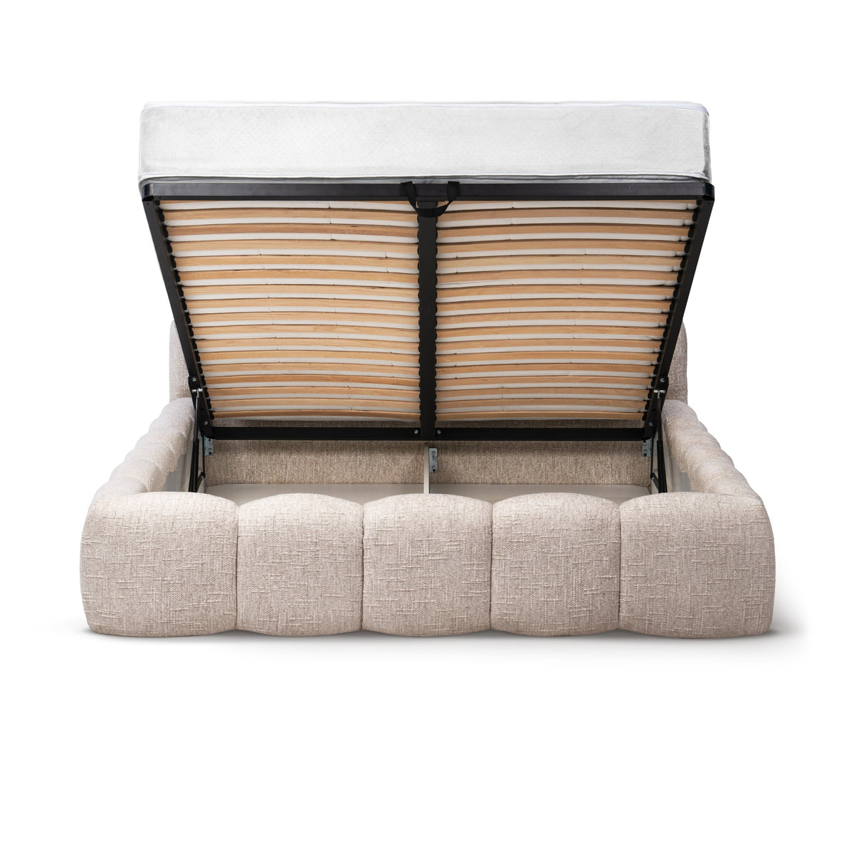 Mevy-polstringsseng med opbevaringsrum i minimalistisk stil – set forfra