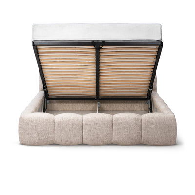 Mevy-polstringsseng med opbevaringsrum i minimalistisk stil – set forfra