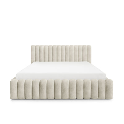 Pastel-polstret seng med opbevaringsrum i modern soft-stil, Coral-stof – set forfra