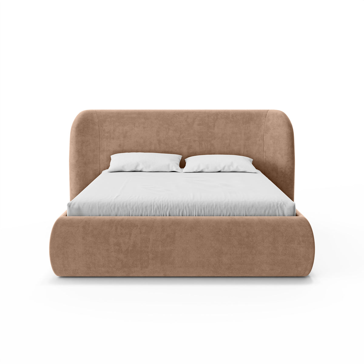 Frasspo-polstret seng med opbevaringsrum i modern soft-stil – set forfra