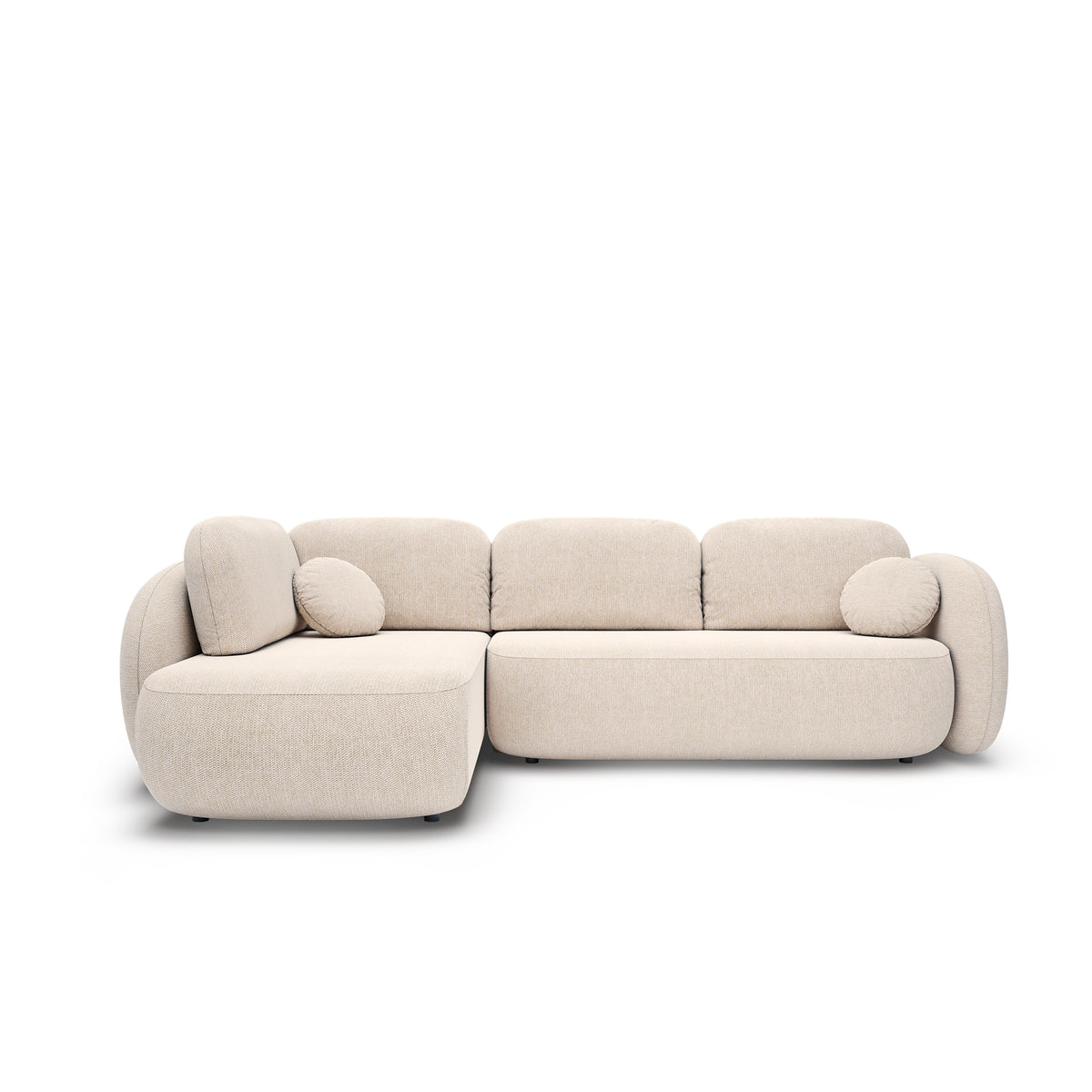 Olemo-hjørnesofa med sovefunktion, 123 x 250, i stilretningen »organic modern« – set forfra