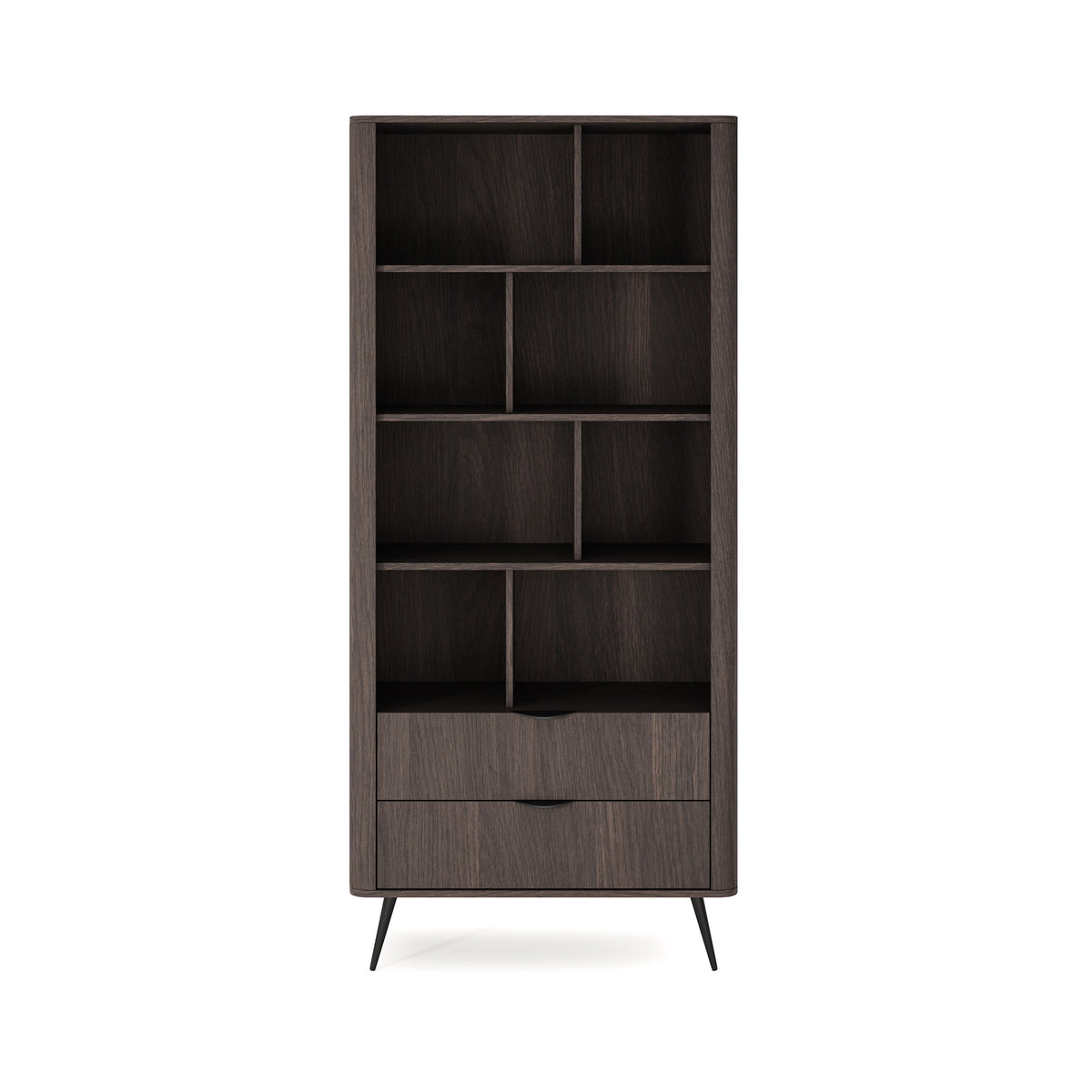 Velia-reol 88x194 med åbne hylder og skuffer i soft loft-stil – set forfra
