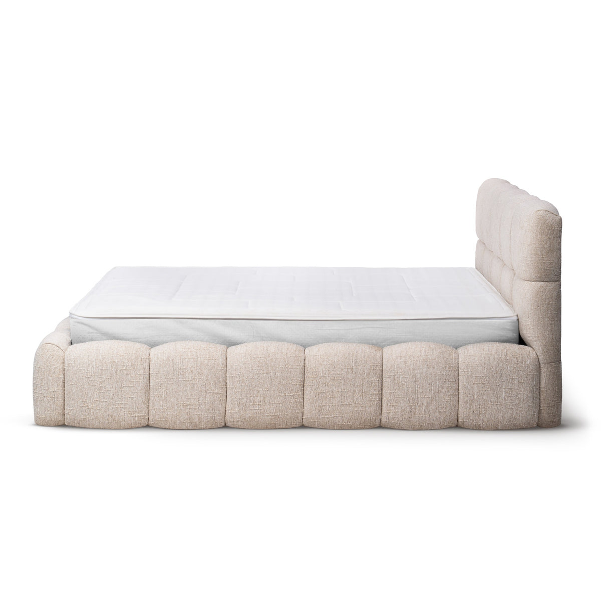 Mevy-polsterseng med opbevaringsrum i minimalistisk stil – set fra siden