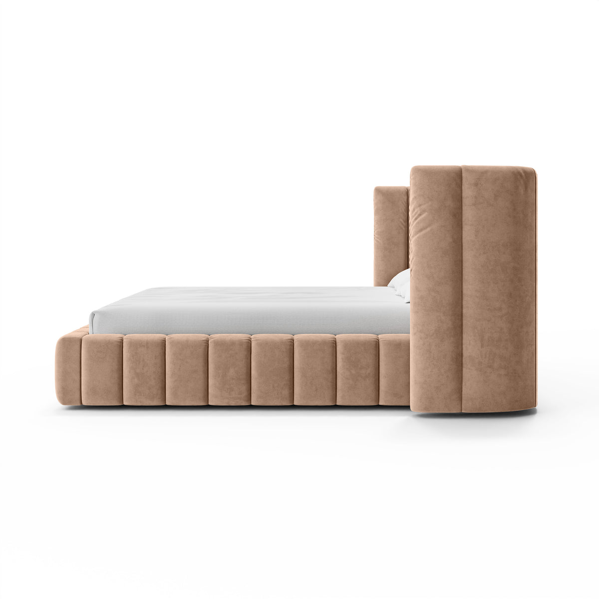 Gianda-polstret seng med quiltet overflade og opbevaringsrum i modern soft-stil – set fra siden