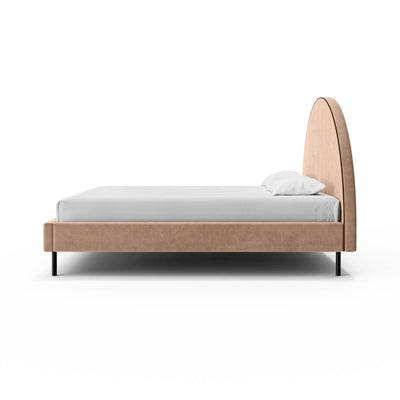 Zora-polsterseng med halvcirkelformet hovedgærde og opbevaringsrum i soft modern-stil – set fra siden