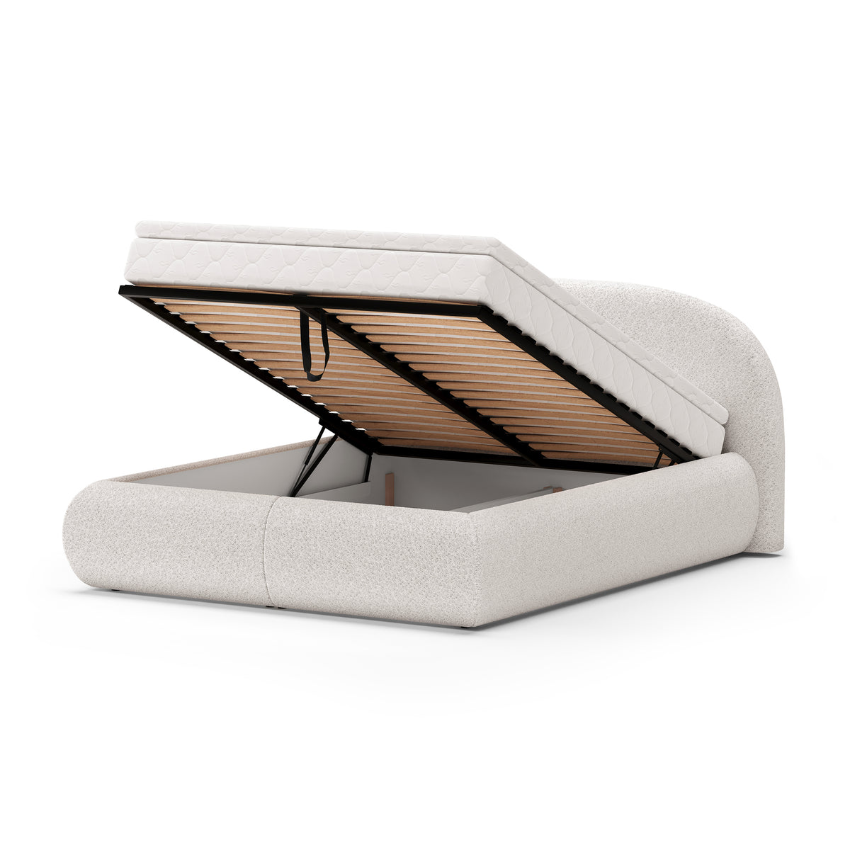 Glori-polstret seng 140/160/180 x 200 med opbevaringsplads i moderne stil – med åbne fronter