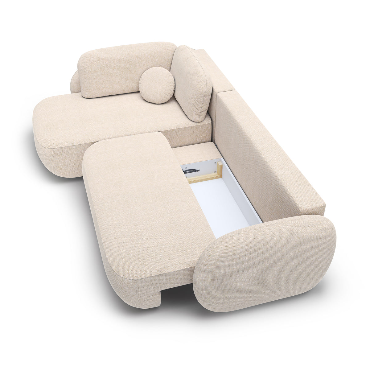 Olemo-hjørnesofa med sovefunktion, 123 x 250, i stilretningen »organic modern« – med åbne fronter