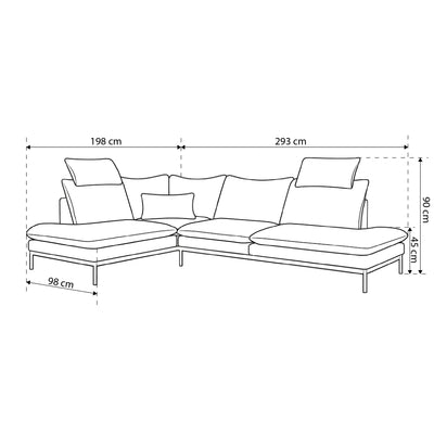 Leafy Premium hjørnesofa til 4 personer 293×198 cm i elegant stil – tegning med mål