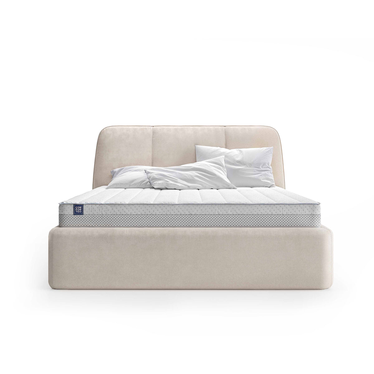 Elle-polsterseng med stort opbevaringsrum i soft minimalism-stil – set forfra