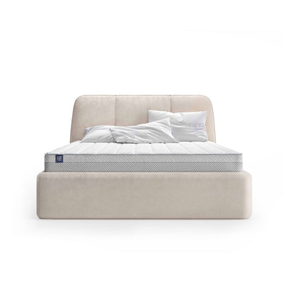 Elle-polsterseng med stort opbevaringsrum i soft minimalism-stil – set forfra